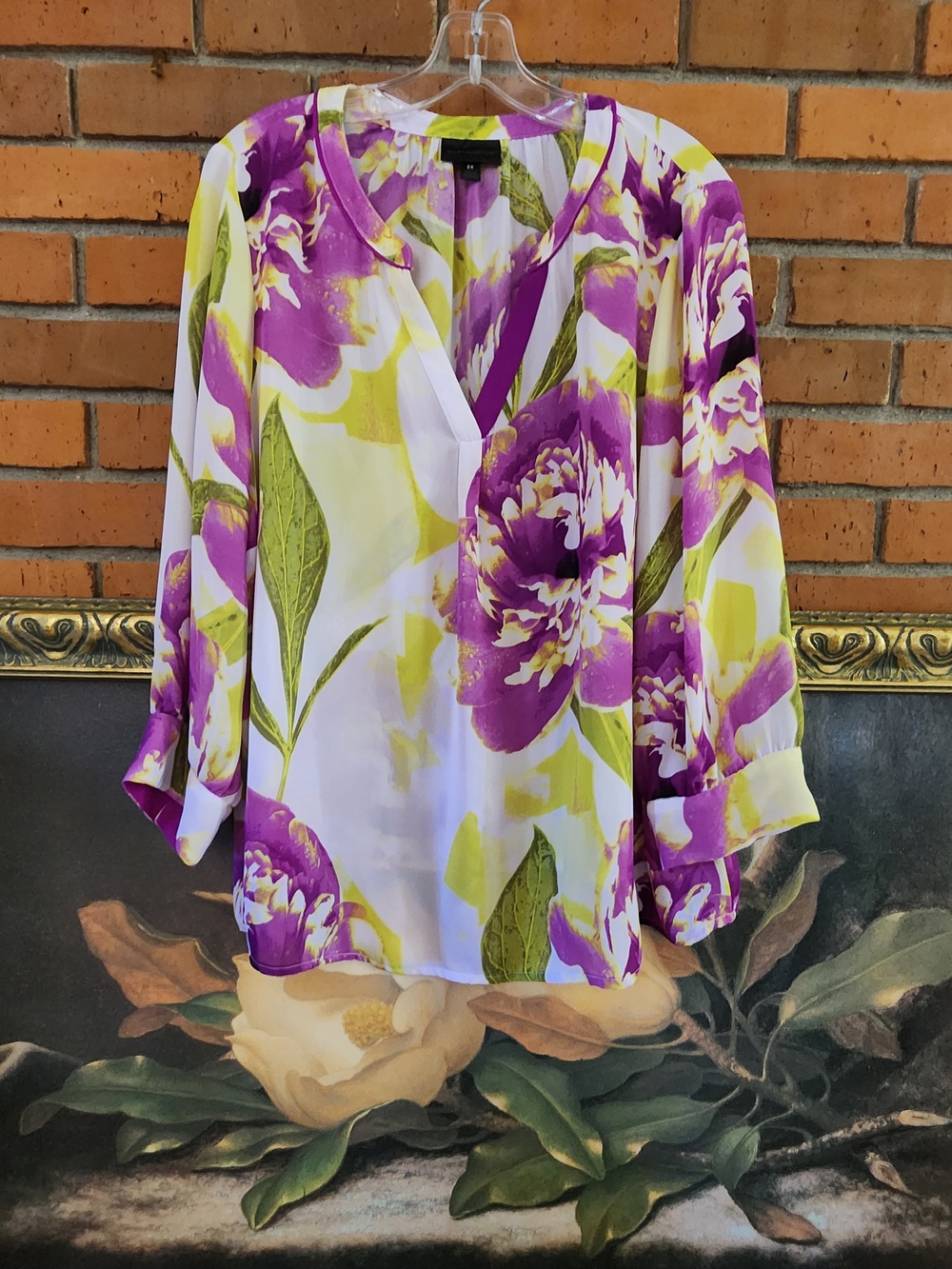 Women’s Floral V-Neck Blouse in Purple and Green